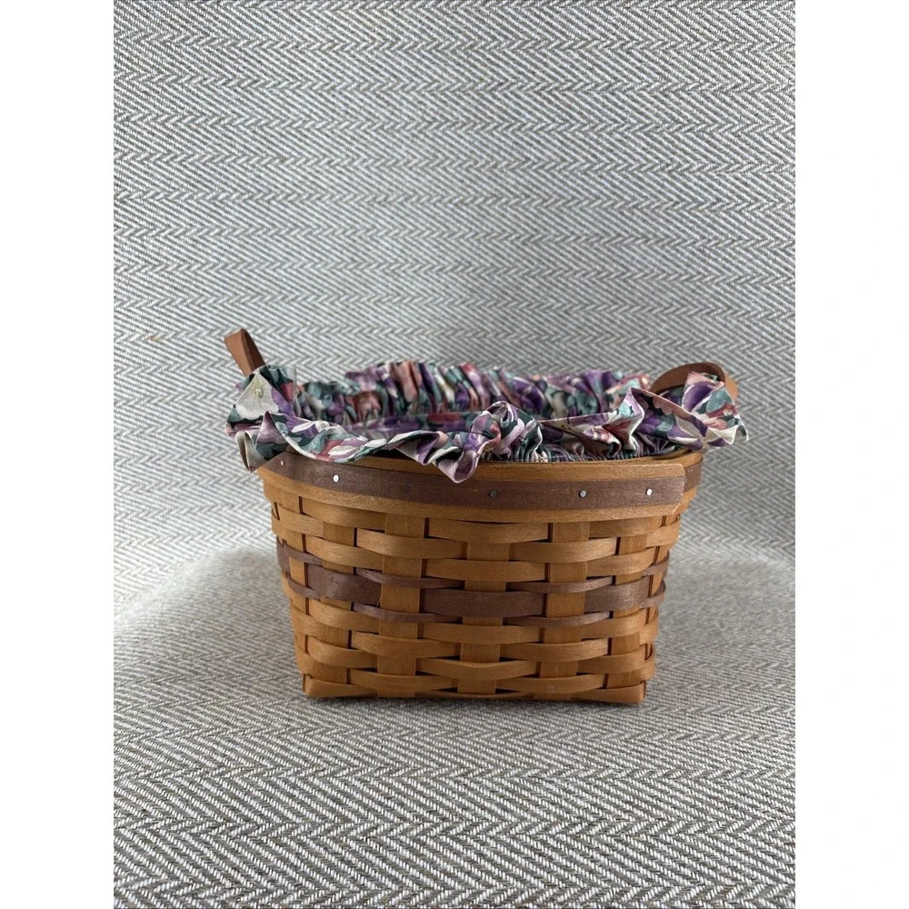 Longaberger Basket Petunia 1997 Flower Fabric Two Leather Handles Plastic Insert